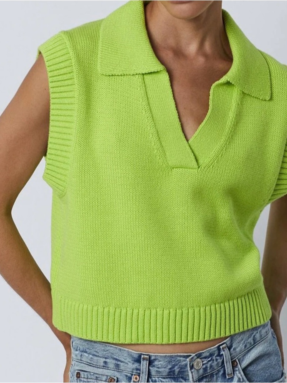 Velvet Lime Green Sleeveless Knit Polo Sweater Vest